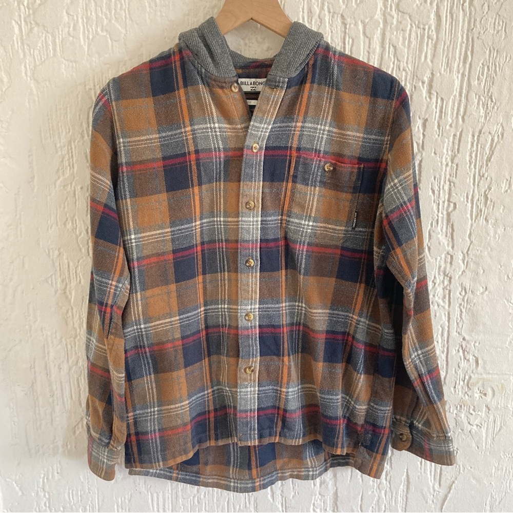 Billabong Core Fit Stretch Hooded Button Down Flannel Shirt Boy’s Size XL